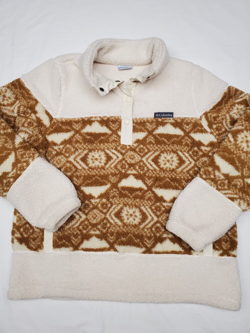 Columbia Womens L Sherpa Fleece Pullover Cream Brown Aztec Snap Neck Cozy